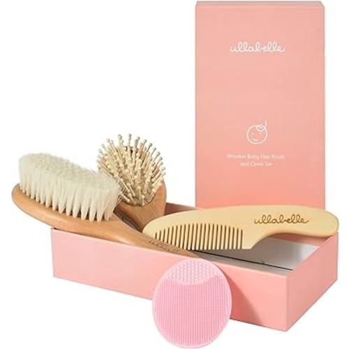 Ullabelle 4 Piece Wooden Baby Hair Brush and Comb Set for Newborns & Toddlers in Chic Gift Box - Ultra Soft Natural Goat Hair and Wood Baby Brush Set Prevents Cradle Cap - Perfect Registry Gift (Pink)