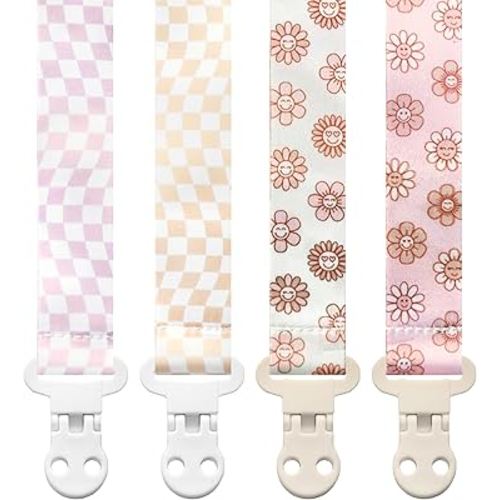 Baby Pacifier Clip Holder - Girl 4 Pack Gift Set – Retro Checker Smiley Flowers Floral Pink Beige Yellow