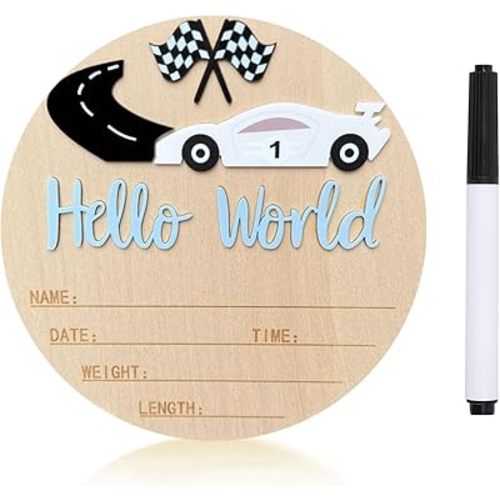 Baby Announcement Sign, 5.9 Inch Wooden Hello World Newborn Sign,Welcome Baby Signs,Birth Announcement Signs,Newborn Name Personalized for Photo Prop race car Design Hospital Nursery (Blue,White car)