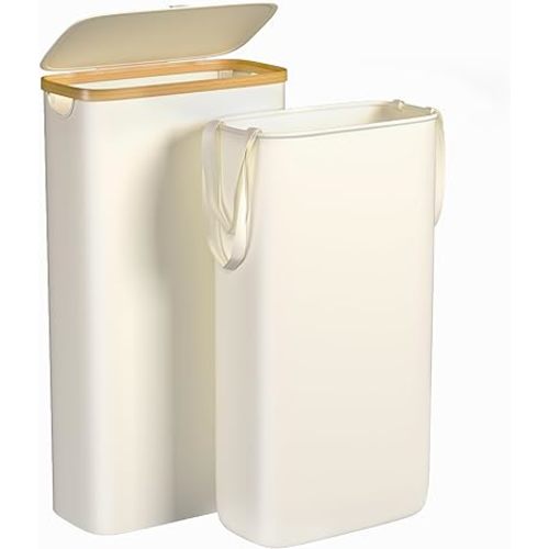 Foluck Slim Laundry Hamper, 60L Waterproof Narrow Laundry Basket with Lid and Removable Bag, Collapsible Tall Clothes Hamper with Bamboo Handles for Clothes Toys in Dorm Bedroom Bathroom, Beige