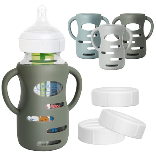 3 Pack Silicone Sleeves for Dr Brown Wide-Neck Glass Baby Bottles, Food GradeAnti Breakage Baby Bottle Holder with Handles and 3pcs Travel Bottle Caps, 9oz