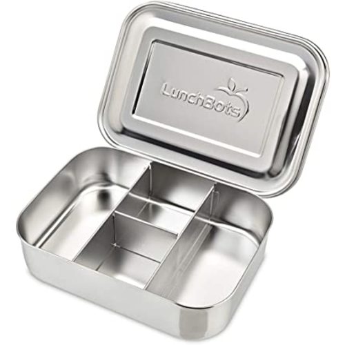 LunchBots Small Protein Packer Bento Box - Extra Small Divided Stainless Steel Snack Container - 4 Sections for 1-2oz of Nuts, Meat, Cheese, Finger Foods - Dishwasher Safe - Stainless Lid