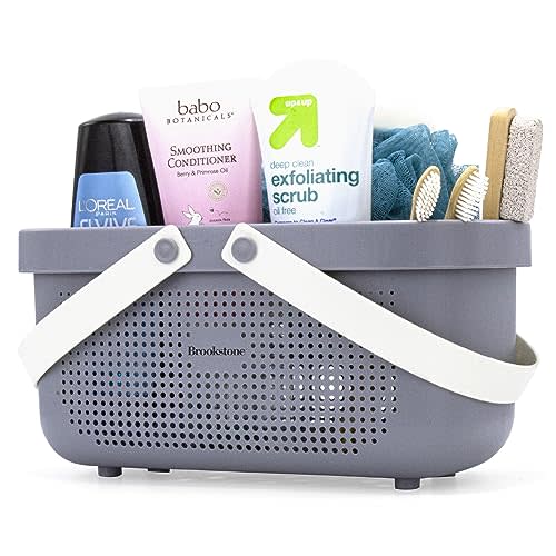 Brookstone BKH1633, Large Portable Shower Caddy with Soft Silicone Carrying Handle, Bathroom Organizer Basket, Plastic Bath Tote, Dries Quickly with Drainage Holes [BPA Free], Gray