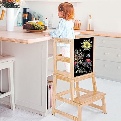 Kids Kitchen Step Stool with Chalkboard & Safety Rail for Toddlers 18 Months and Older, Safety Anti-Slip Protection, Removable Step Stool for Adult Use, Natural