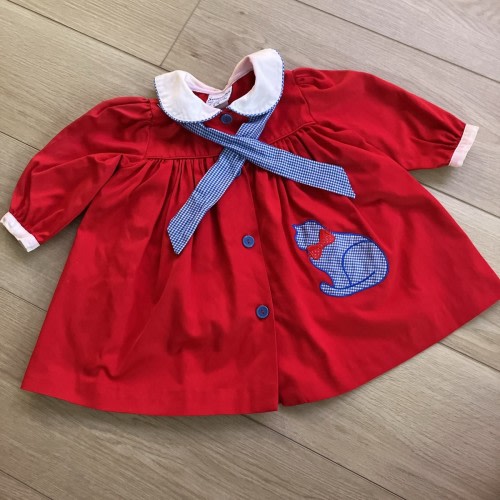 Vtg Samara Baby girl dress Sz 18 Months Red, blue and white gingham Cat
