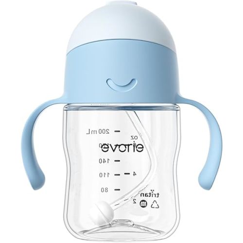 Evorie Tritan Weighted Straw Sippy Cup with Handles for Baby and Toddlers, Spill Proof Baby Water Bottle with Straw for 6 months and up, 7 Oz, Infant Training Water Bottle (Blue)