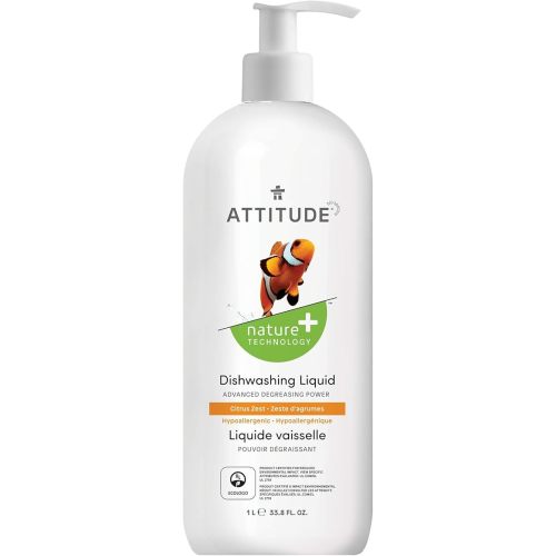 ATTITUDE Dishwashing Liquid, EWG Verified, Vegan Dish Soap, Plant Based, Naturally Derived Products, Citrus Zest, 33.8 Fl Oz