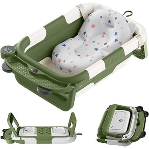 Collapsible Baby Bathtub, Baby Bath Tub with Soft Thermometer & 1 Soft Floating Cushion, Baby Bathtub Newborn to Toddler 0-36 Months, Portable Travel Baby Bathtub Green
