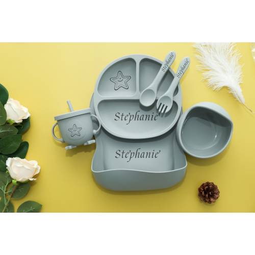 Personalized Silicone Baby Weaning Set | Engraved Silicone Bib | Custom Weaning Set for Toddler | Baby Feeding Set | Baby Shower Gift