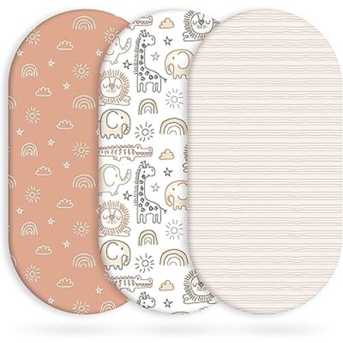 Yoofoss Bassinet Sheets Baby Girl Boy, Fitted Bassinet Sheet Set 3 Pack Universal Fit for Cradle Moses Basket Oval Rectangle Round Hourglass Mattress,Soft Breathable (Brown+Animals)