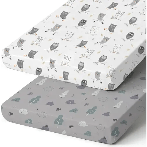 Pack n Play Sheets, BROLEX 2 Pack Mini Crib Sheets,Stretchy Portable Fitted Playard Sheet Set, Convertible Playard Mattress Cover,Ultra Soft Breathable Material,Hedgehog Owl