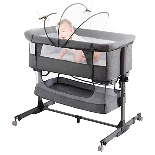 nordmiex 3 in 1 Baby Crib Bedside Crib,Baby Bassinet,Adjustable Portable Bed for Infant,Deep Grey