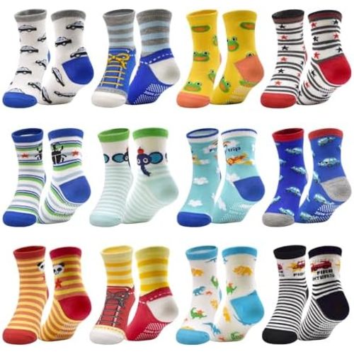 SkiBeaut Toddlers Kids Non Slip Socks Grips Sticky Slippery Crew Socks for 1-7 Years Old 12 Pairs Children Boys Girls Socks