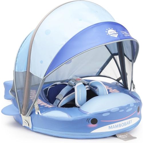 Mambobaby Baby Pool Float with Canopy & Tail Baby Swim Float Non-Inflatable Solid Baby Float Soft Waterproof Skin-Friendly Material Infant Swim Float for 3-24 Months Baby Boys Girls(Shark)