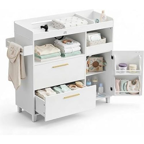 Karl home Nursery Dresser with Changing Table, Baby Diaper Changing Station Infant Nursing Table with 2 Drawers & Side Shelves, Dismountable Safety Rail & Strap for Bedroom, Nursery, White