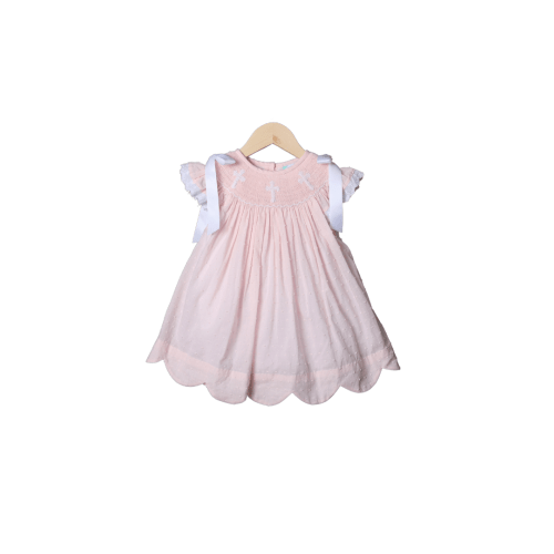 Smocked Cross Pink Swiss Dot Dress