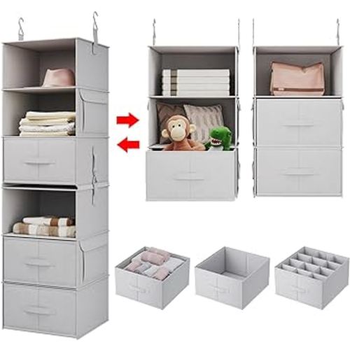 Vailando 6-Shelf Hanging Closet Organizer, 2 Separable 3-Shelf Hanging Shelves with 3 Drawers for Wardrobe, Nursery, Baby Clothes Organization and Storage