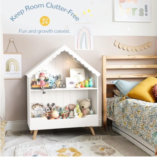 Kids Dollhouse Bookshelf, Wooden Bookcase Storage with Motion-Activated Light, 2-Tier Open Display Organizer for Toys and Books, Baby Bookshelf for Birthday, Christmas, White