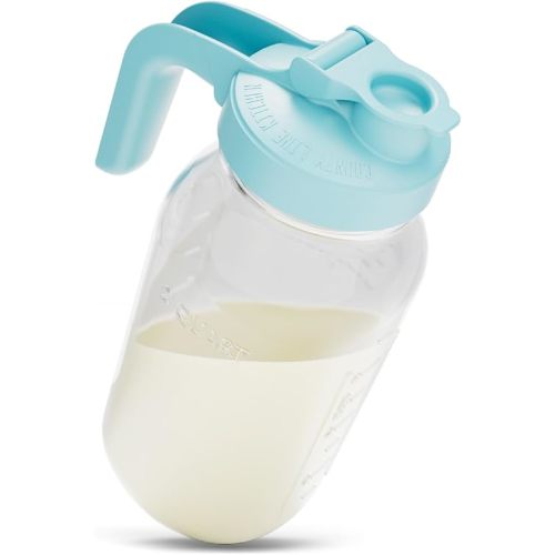 County Line Kitchen Glass Breast Milk Pitcher with Lid - Wide Mouth, 2 Quart (64 oz) - Heavy Duty, Leak Proof - Sun & Iced Tea Pitcher, Cold Brew Coffee, Breast Milk Storage, Water - Light Blue