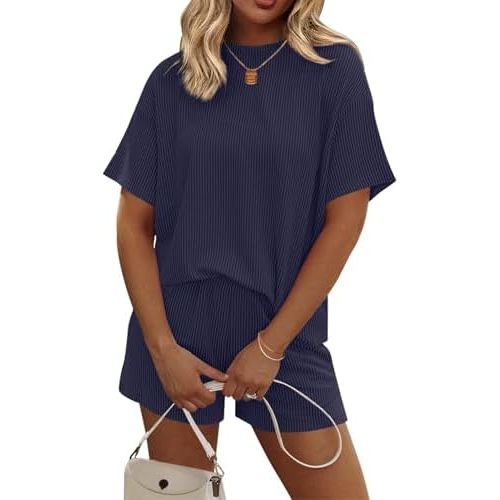 Ekouaer Womens Pajama Sets Short Sleeve Lounge Sets 2 Piece Pjs Tops and Shorts Outfits Matching Loungewear with Pockets