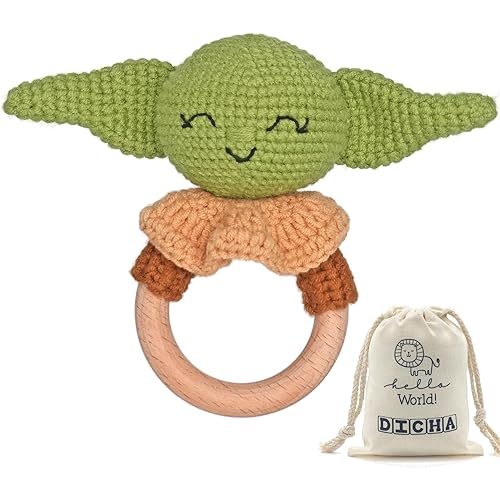 DICHA Wooden Baby Rattle-Crochet Baby Rattle- Infant Rattle Sensory Development Wooden Toys Set-Includes Beech Wooden Teething Ring- Baby Teether for Star Wars Fans The Baby Child