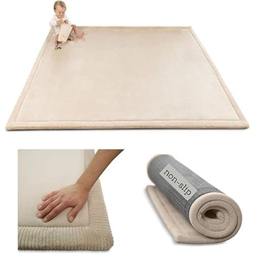 Premium Baby Play Mat 60”x 80” Beige – Cloud-Soft Coral Velvet Memory Foam Rug for Crawling & Play – Non-Slip, Water-Resistant, Easy-Care Tummy Time Mat – Non-Toxic Padded Playmat