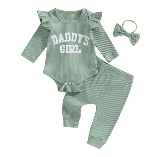 Tsnbre Newborn Baby Girl Outfits Daddys Girls Ruffle Long Sleeve Romper Top Pants Headband Infant Fall Winter Clothes