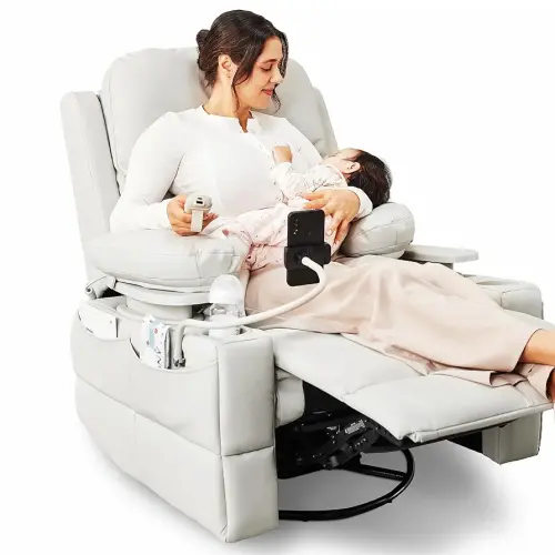 Rocking Chair Nursery with Adjustable Armrests, Electric Glider Recliner Nursing Chair for Breastfeeding, Power Swivel Recliner Chairs with USB Port and Storage, FSC Certified (Vanilla)