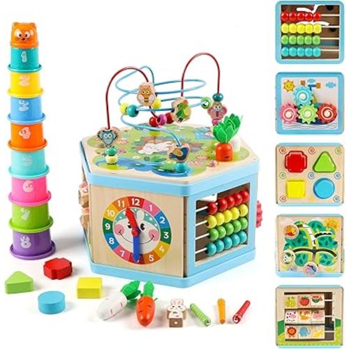 Wooden Activity Cube for 1 Year Old Kids, Educational Learning Bead Maze for Toddler Age 1-3, Developmental Montessori Toys for 12-36 Months Boys Girls Gift