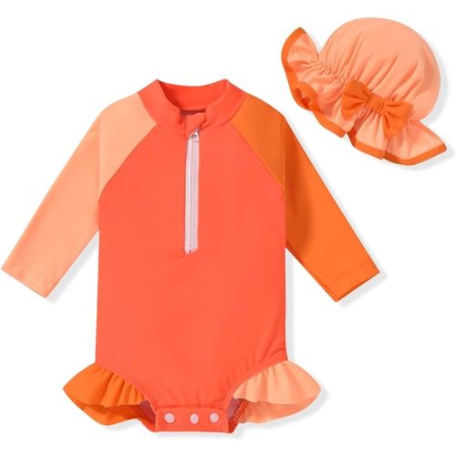Aalizzwell Baby Girls Long Sleeve One Piece Swimsuit with Hat - 12-18 Months - Orange & Yellow