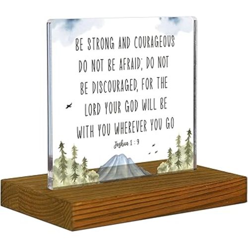 FSA072 Acrylic Bible Verse Plaque - Joshua 1:9, Boys Room Decor - Scripture Faith Plaque with Wooden Stand