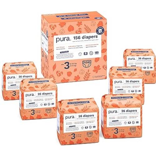 Size 3 Eco-Friendly Diapers, Hypoallergenic, Soft Organic Cotton, Sustainable, up to 12 Hours Leak Protection, Allergy UK, Recyclable Packaging, 156 Diapers