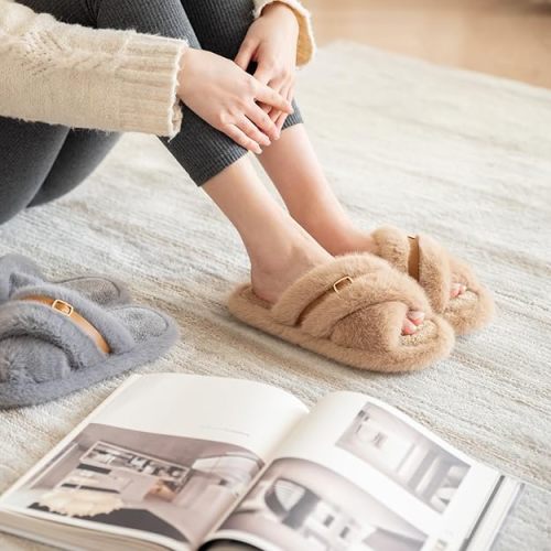 Slippers for Women Memory Foam House Bedroom Corduroy Crossbands Open Toe Slides Sandals Shoes Comfy Trendy Gift for womens Anti-Skid sole