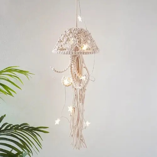 BYVUTE Jellyfish Wall Hanging, Art Decor Handmade Woven Boho Ornament Ocean Fish Wall Tapestry Macrame Hanger, for Office Bedroom Apartment Living Room Nursery Gallery (White)