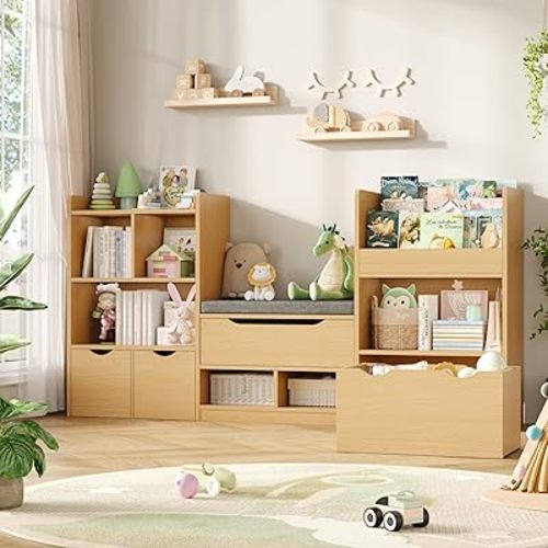 FOTOSOK 72” Kids Bookshelf with Reading Nook, Large Toy Storage Organizer with Seat Cushion and 3 Movable Drawers, Kids Reading Nook Toy Organizers and Storage with Bench for Living Room, Natural