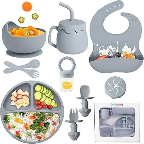 Silicone Baby Feeding Set with Suction, 10 Pcs Baby Led Weaning Supplies with Suction Bowl Divided Plate Adjustable Soft Bib Spoon Fork Snack Cup with Lid and Other Utensils (Grey Blue)