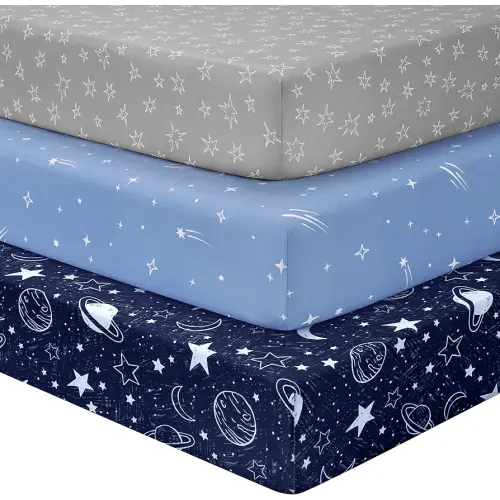 Baby Crib Sheets for Boys Girls, Fitted Crib Sheet Neutral 3 Pack for Standard Crib and Toddler Mattress, Breathable Soft Microfiber Baby Sheet 28x52x8in Blue Gray Planet