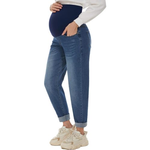 POSHGLAM Women's Maternity Jeans Over Belly Comfy Stretch Boyfriend Jeans Denim Pregnancy Pants, S-XXL - X-Large - A02 Dark Blue