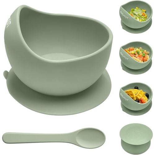 Stay Put Suction Bowls for Babies Kids, Food Grade Silicone Bowl and Spoon Set for Led Weaning, Self Feeding Baby Toddler Dishes & Utensils, Silicone Feeding Set BPA Free 12 Oz