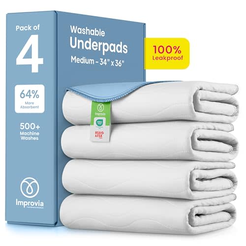 IMPROVIA® Washable Underpads, Heavy Absorbency Reusable Incontinence Pads for Kids, Adults, Elderly, and Pets - Waterproof Protection Floor White & Blue (4 Pack - 34x36)