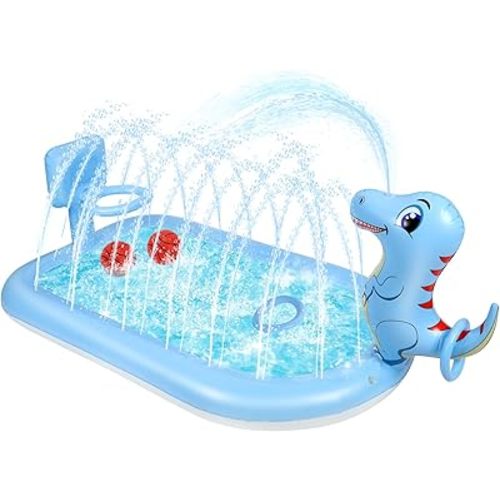 Splash Pad Sprinklers for Kids, 3 in 1 Inflatable Kiddie Pool Play Center Including Basketball Game and Ring Toss Game, 63inch Dinosaur Design Indoor Outdoor Water Play Mat for Toddlers 3-5 Boys Girls