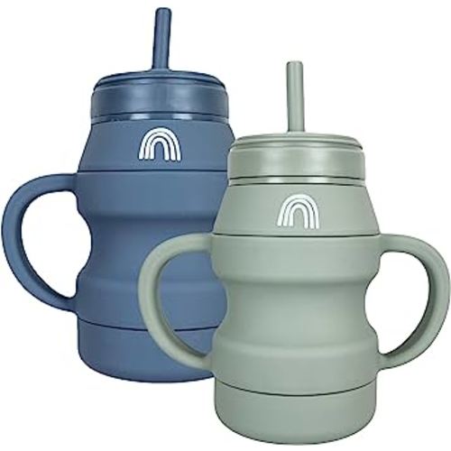 Hippypotamus Silicone Transition Cups - Squeeze-Proof Toddler Cups With Straw & Lid - Removable Handles - Set of 2 (Sage/Fog)