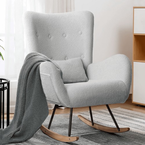Waleaf Rocking Chair Nursery, Teddy Upholstered Padded Seat Rocking Chair with Headrest, High Backrest Glider Accent Chair for Bedroom, Nursery, Living Room (Light Grey)