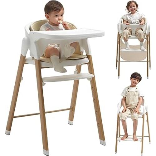High Chair for Babies and Toddlers Adjustable Foldable Convertible 5 Point Harness Easy Clean Wood-Printed Metal with Removable Tray Baby Highchair for Family (White&Natural Wood-Printed Metal)