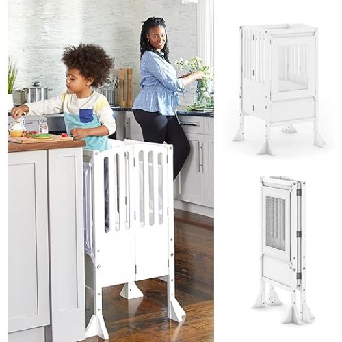 Guidecraft Kitchen Helper® Toddler Tower Step Stool - Contemporary - White: Folding Adjustable Height Montessori Wooden Learning Furniture with Keepers
