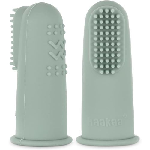 haakaa Silicone Baby Finger Toothbrush, Oral Care for Infants&Babies&Toddlers&Kids, Soft Food Grade Silicone, 0 Months+, 2 Pack, Pea Green