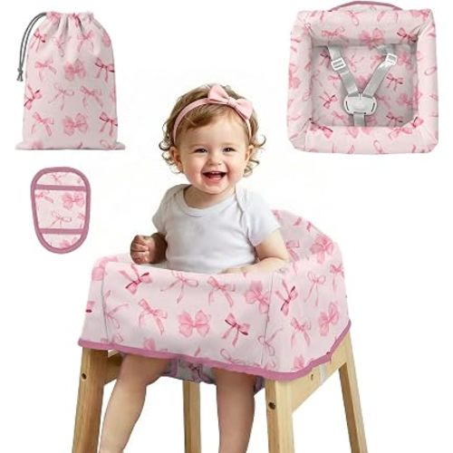 Bow Baby High Chair Cover for Son and Daughter, Highchair Cover with 3-Point Harness and Strap Pads for Restaurant Travel, Home, Waterproof Seat Cover Gift for Friend Family, Pink