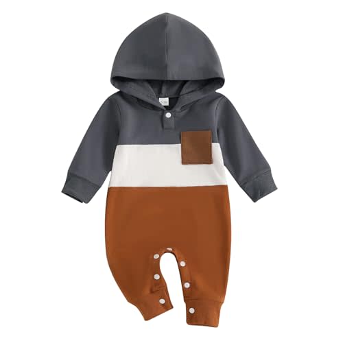 BemeyourBBs Newborn Baby Boy Clothes Color Block Long Sleeve Hooded Romper with Pocket Fall Winter One Piece Outfits