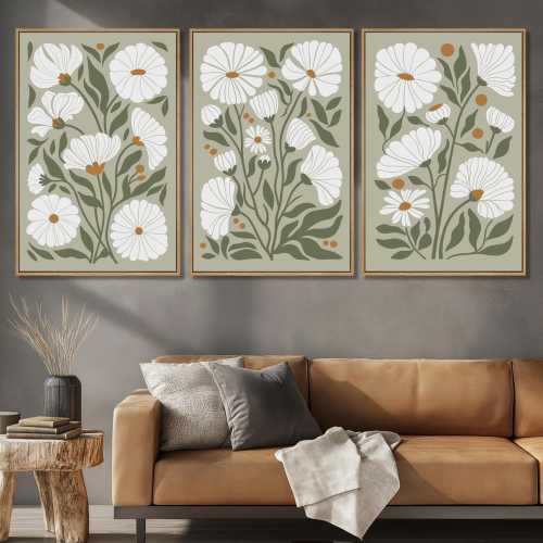 Minimalist Floral Wall Art Set | Modern Daisy Botanical Print Triptych