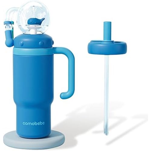 Whale Fountain Tumbler - 24oz Stainless Steel Whale Fountain Tumbler with Handle,Water Cup with Straw and Lid for Adults Kids (Blue)